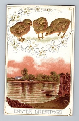 3 Chicks In Clouds White Flowers Over River Easter Greetings Postcard Embossed
