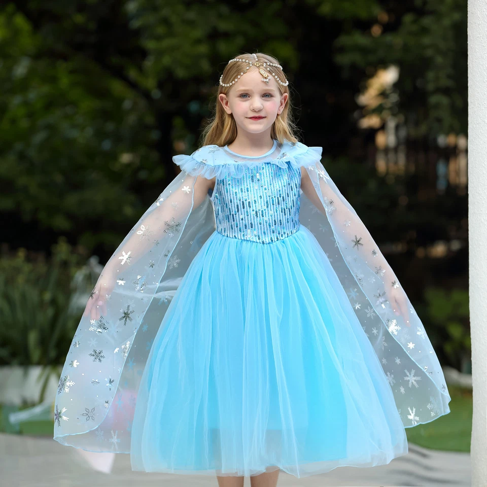 Girls Frozen Elsa Costume Blue Sparkly Princess Dress for Birthday ChristmasGift - Image 3 of 4