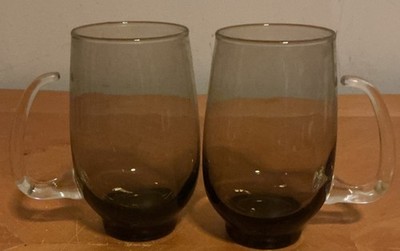 Vintage Libbey Tempo Brown Smoke Glass Open D Handle Mugs Tankards 16oz Set Of 2