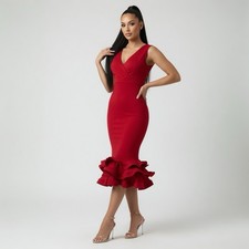 Fashion Nova Red Ruffle Hem Bodycon Midi Dress V-Neck Sleeveless XL