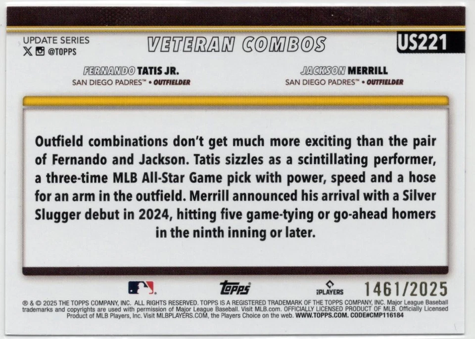 Jackson Merrill / Fernando Tatis Jr Padres 2025 Topps Update Gold #/2025 US221 - Image 2 of 2