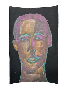 Portrait Painting Naive Primitive Man 4x6 Gouache Pink Blue Wall Art Miz Katie