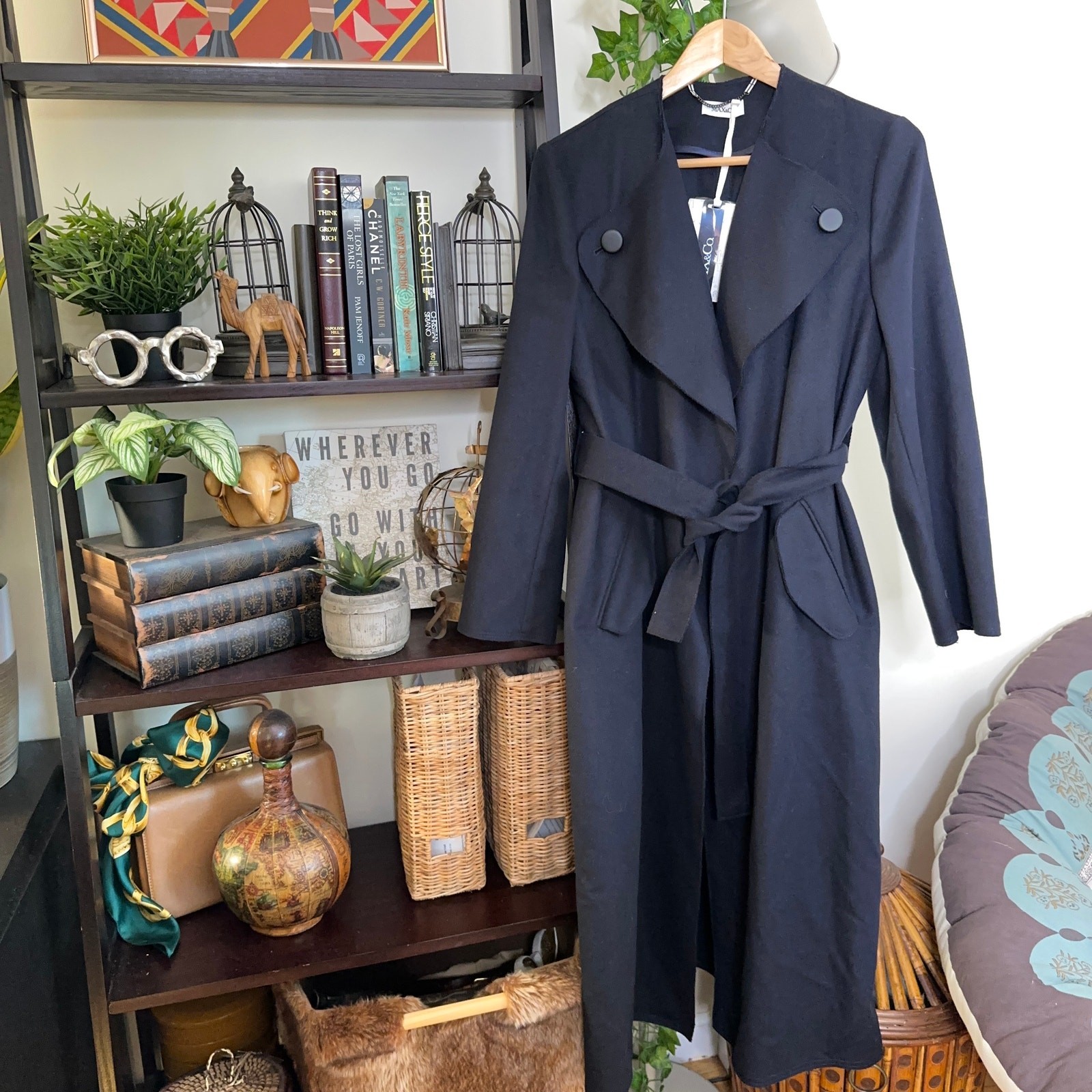 MAX&CO Decisio Wool Collarless Lapel Long Trench Coat Navy Blue Sz 2 NWT $789 image 2