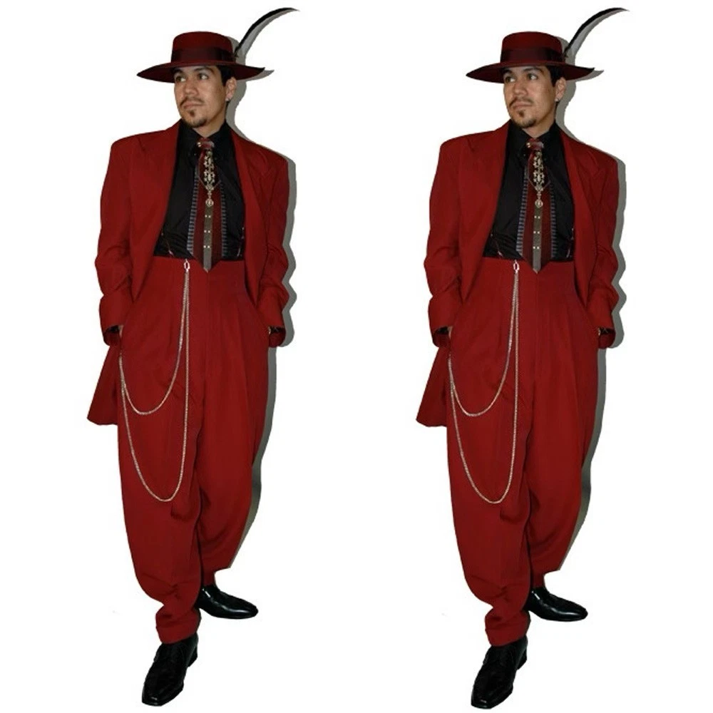 British Red Men's Zoot Suit Peak Lapel Wedding Evening Party Prom Long Coat Pant
