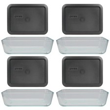 Pyrex 4 7210 3-Cup Glass Dishes and 4 7210-PC Charcoal Gray Lids