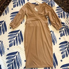 BooHoo Tan faux Wrap Dress pleated sleeves