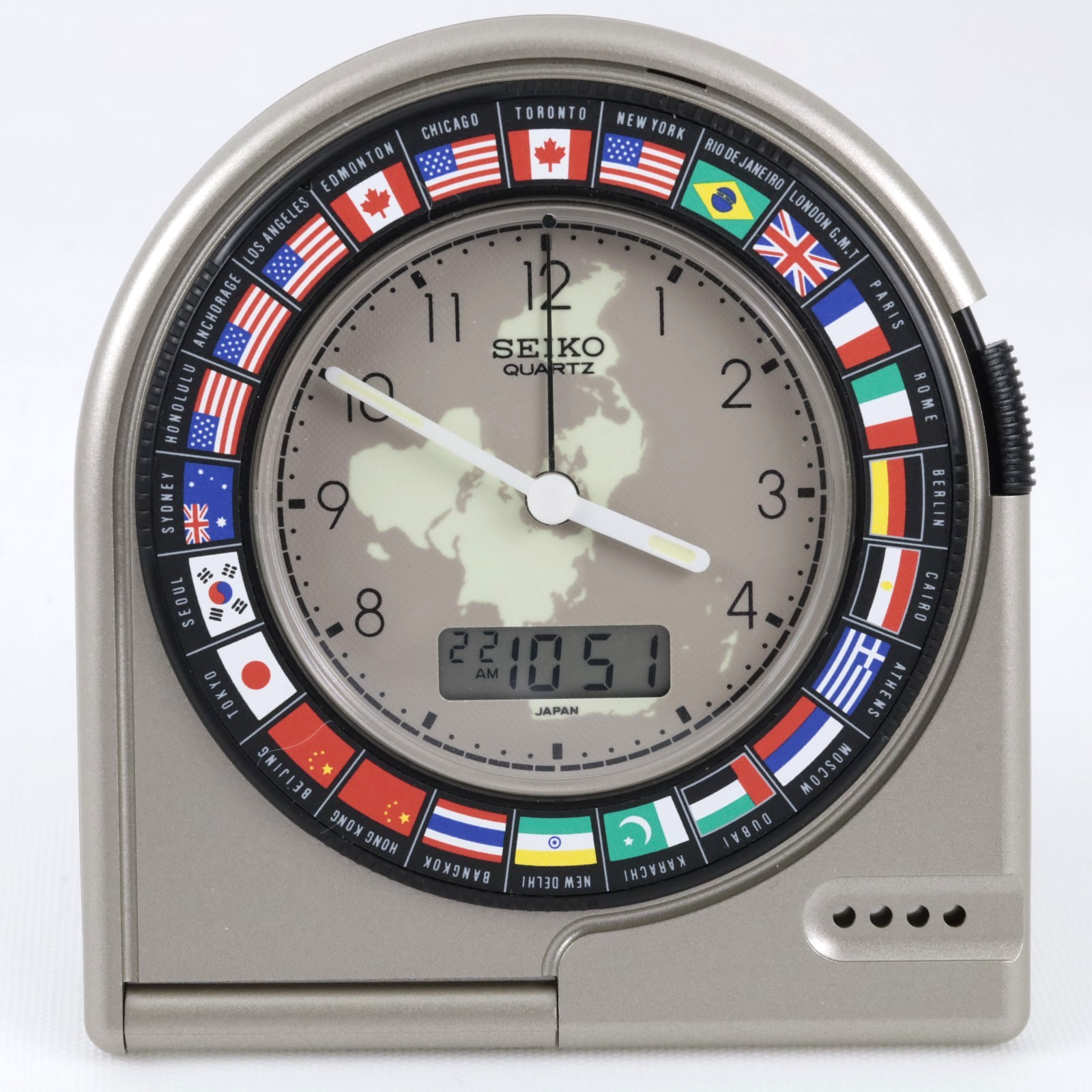 SEIKO QU 907 F Quartz World Time Alarm Clock w/ Digital World Time & Flag Bezel featured image