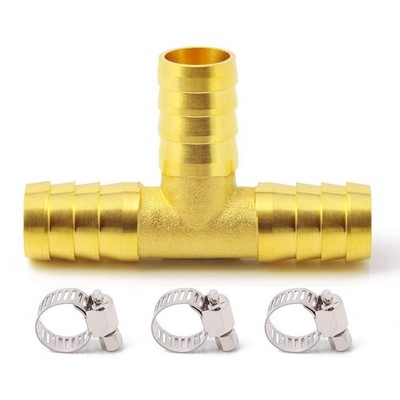 Brass 5/8'' Barbed Tee Fitting 3 Way T Shape Adapter with Hose Clamps
