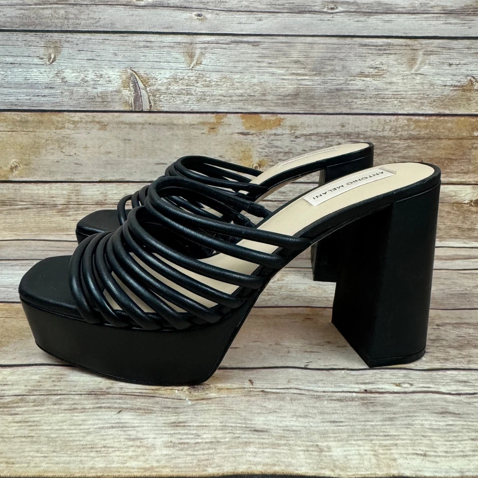 Zapatos Antonio Melani para mujer negros con tiras plataforma tacón ancho punta abierta 9,5 M Foto 3 de 4