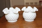 2 Fenton White Milk Glass Hobnail Crimped Ruffled Edge Rose Bowl Vase Vintage