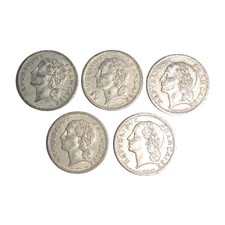 Lot of (5) France 5 Francs Aluminum WWII Era Composition 1945, 1946, 1949-B Nice