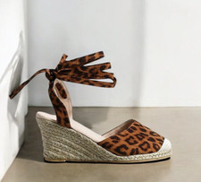 Ladies Leopard Hessian Wedges Shoes Strappy Closed Tie Up Toe Sandals Comfy Size