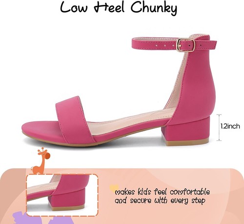 Girls Ankle Strap Open Toe Low Chunky Heel Sandals for Wedding Party Dress Shoes - Picture 19 of 57
