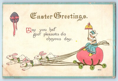 c1910's Easter Greetings Dutch Kid Riding Egg Cat Pulling Bunnies Postcard