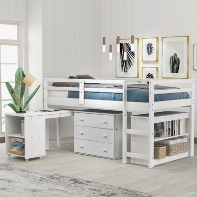 Twin Loft Bed with Cabinet & Rolling Desk - White