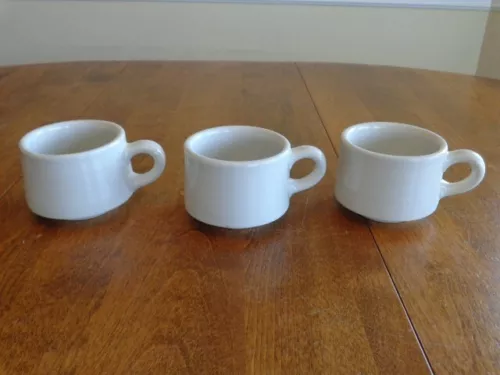 VINTAGE BUFFALO CHINA WHITE HEAVY RESTAURANT WARE CUPS MUGS LOT OF 3