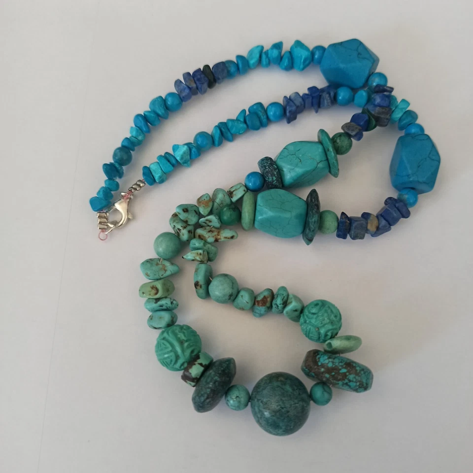 Natural Turquoise Bohemian Necklace Mala Carved Unisex Vintage OOAK Artisan Gift - Изображение 3 из 4