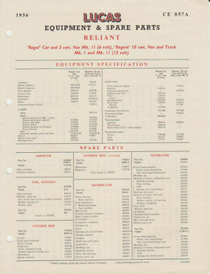 Reliant Regal Car Van & Regent  1956 Lucas Spare Parts List  NOT ILLUSTRATED