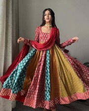 Designer Anarkali Long Flared Partywear Gown Cotton Weeding Kurta Pent Dupatta