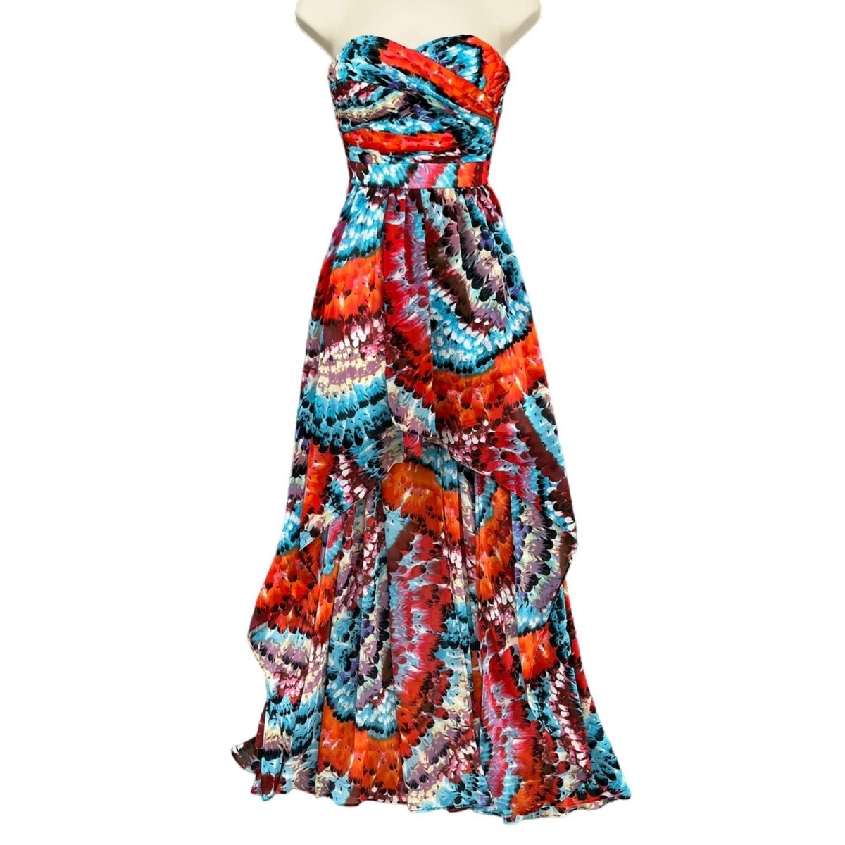 Aidan Mattox Formal Dress Blue Orange Feather Print Strapless High Low Gown  Sz 2