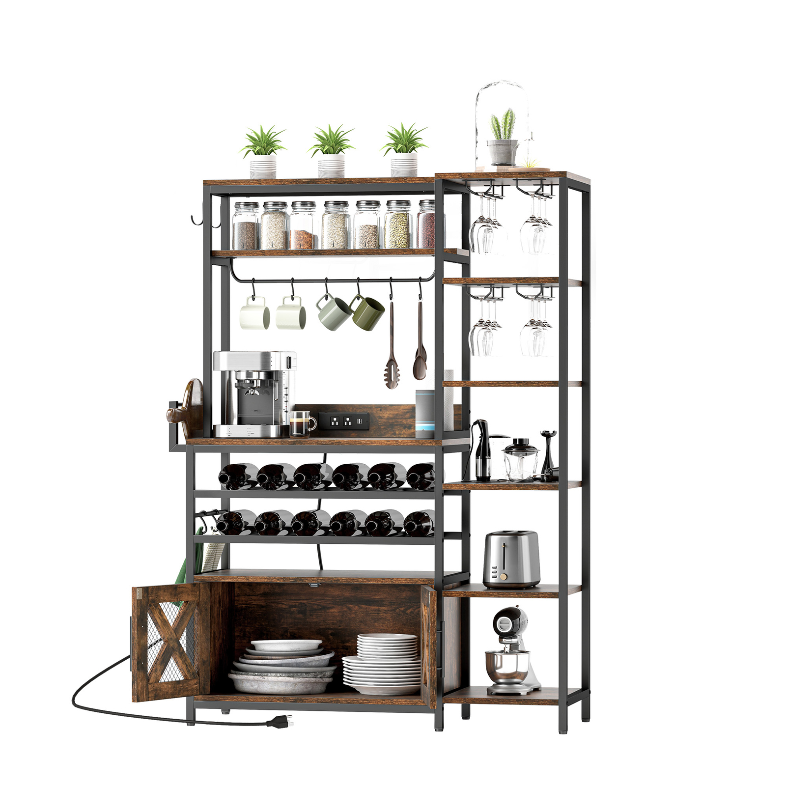 Industrial L-Shaped Bakers Rack Kitchen Bar Cabinet with Open Display Shelves