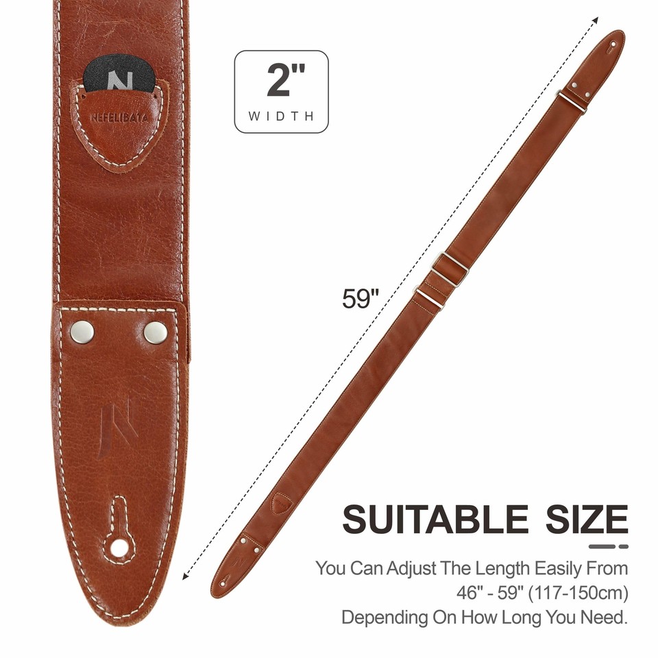 Guitar Strap, 2"Full Grain Leather Guitar Straps with Pick Pocket for