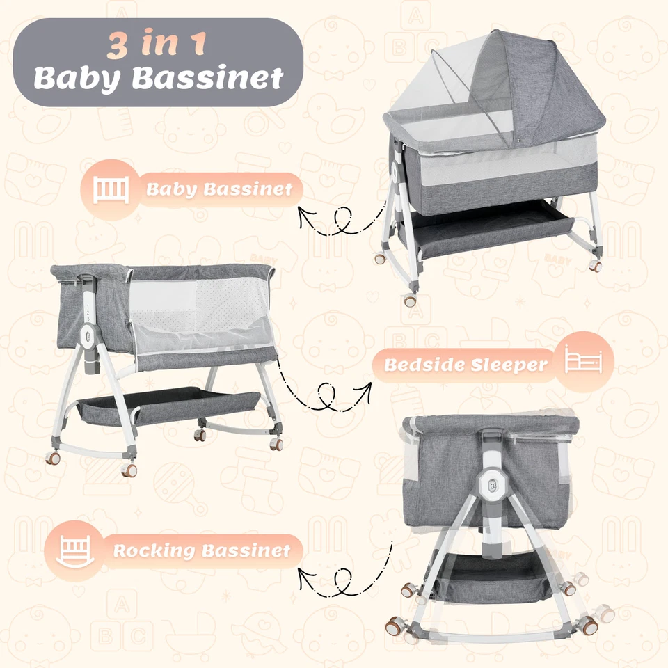 3-in-1 Baby Bassinet Adjustable Height Bedside Crib w/ Net & Storage Basket Grey - image 3 of 4