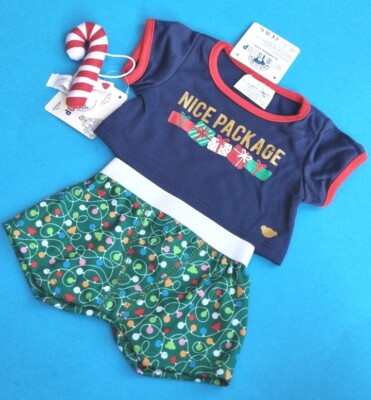 Build A Bear schönes Paket T-Shirt & Weihnachtslicht Boxershorts & Zuckerstange Armband neu mit Etikett 