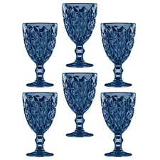 SET OF 6 Night Sky Blue Goblet Wine Glasses 11 fl oz Faceted Wine Glasses