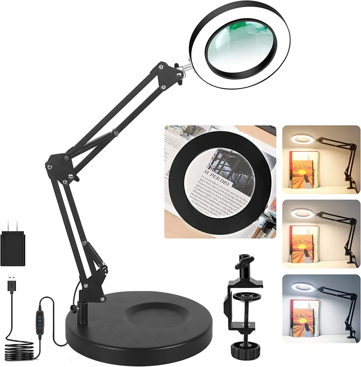 (7 inch Glass Lens) Professional LED Magnifying Lamp with Clamp, Dimmable,  1200 Lumens 5600K-6000K Daylight Bright 84 SMD LED, Work Light Mounting