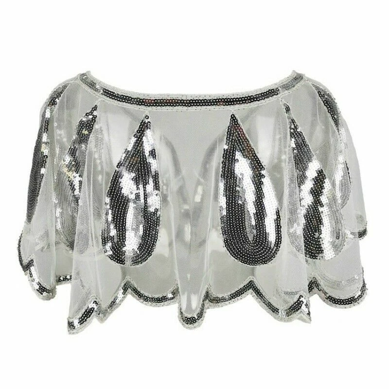 Dama Retro Lentejuelas Capa Encaje Transparente Encogerse de hombros Bolero Chal Noche Baile de graduación Cárdigan Top Foto 2 de 4