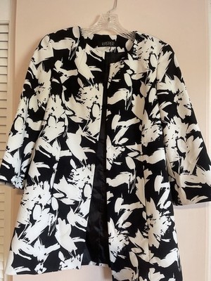 Kasper Black White Floral Open Front Lined Jacket w/ Pockets Women s 6
