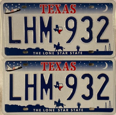 Set of 2002 COWBOY OIL FIELD SPACE SHUTTLE license plate PAIR LHM 932 vintage TX