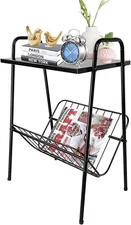End Table, Metal Nightstand, Record Player Table with Magazine Holder, Record Pl