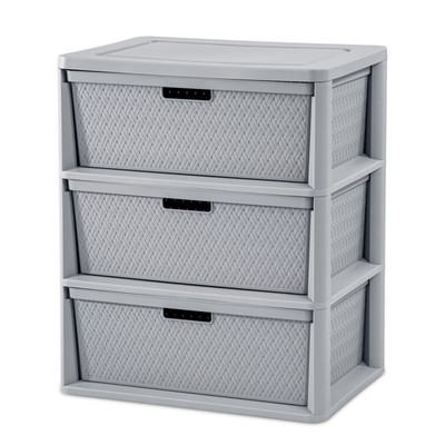 Wide 3 Drawer Tower, Plastic Storage Organizer with Removable Decorative Bins, E