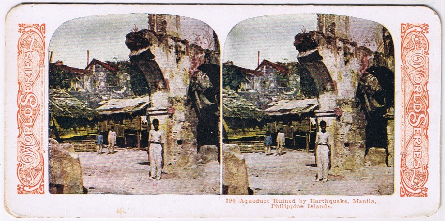 Stereo View Card Stereograph Aqueduct Ruined Earthquake Manila Philippines