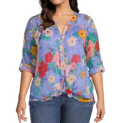 Figueroa & Flower Roxy Floral Print Banded Split V Neck Roll Tab Shirt Womens 3X