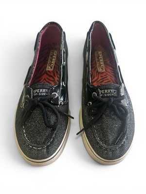 Sperry Top-Sider Biscayne 1 Eye Black Sparkle Pink Liner Boat Shoes - Girls 4.5