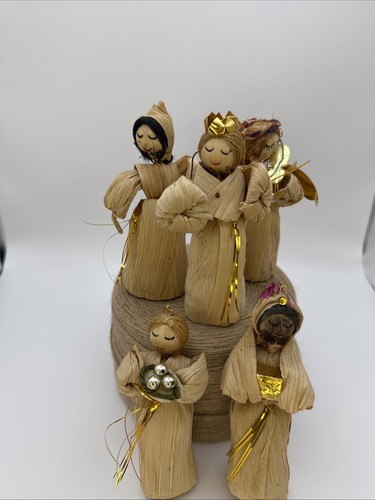 5 Vintage Corn Husk Doll Ornaments With Hangers- 5 Inches High