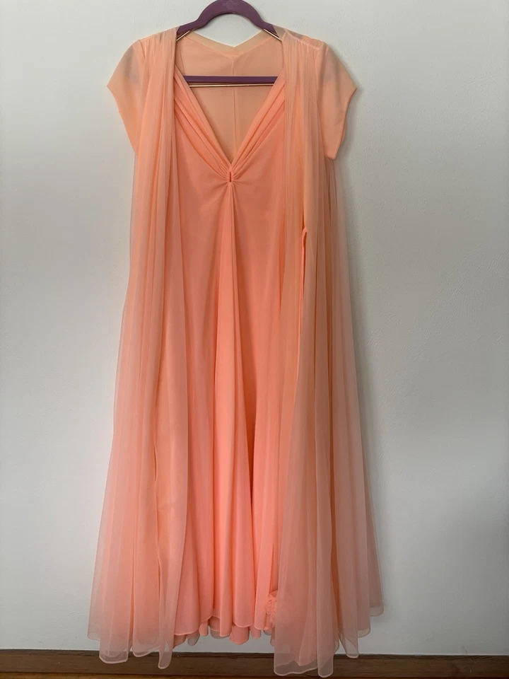 Claire Sandra lucie Ann Peignoir Robe Set 1960’s Full Sweep Nylon Pom Pom Tie S - Image 4 of 4