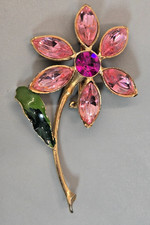 Vintage Long stem Crystal Pink Rhinestone Enamel Gold tone Brooch Pin