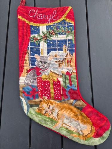 VTG NEEDLEPOINT CHRISTMAS STOCKING CHERYL TWO KITTENS CATS SCENE 20" TO TOE