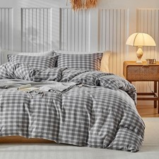 Gray Gingham Duvet Cover King Washed Cotton Plaid Checkered Bedding Set 3 Pieces