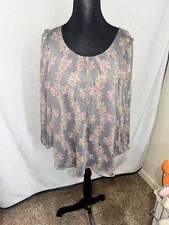 LC Lauren Conrad Top Grey With Floral Bell Sleeves Ruffle M Peasant Cottagecore 