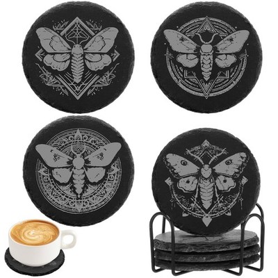 4 Pcs Gothic Moth Slate Coasters Set, 4 Inch Laser Engraving Stone Black Roun...