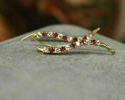 14k Yellow Gold Plated 0.30 Ct Round Simulated Ruby & Diamond Climber Earrings