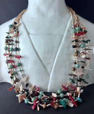 Native American Zuni 4 Strand Animal Fetish Multi Stones Heishi Beads Necklace