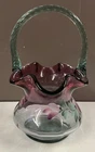 Fenton Limited Edition Rubina Verde Glass Basket Handpainted