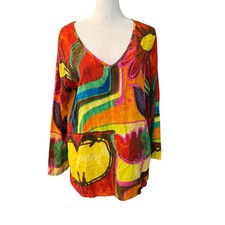 Vintage Jams World Wearable Art Abstract Rayon Tunic Top Artsy Hawaiian Medium