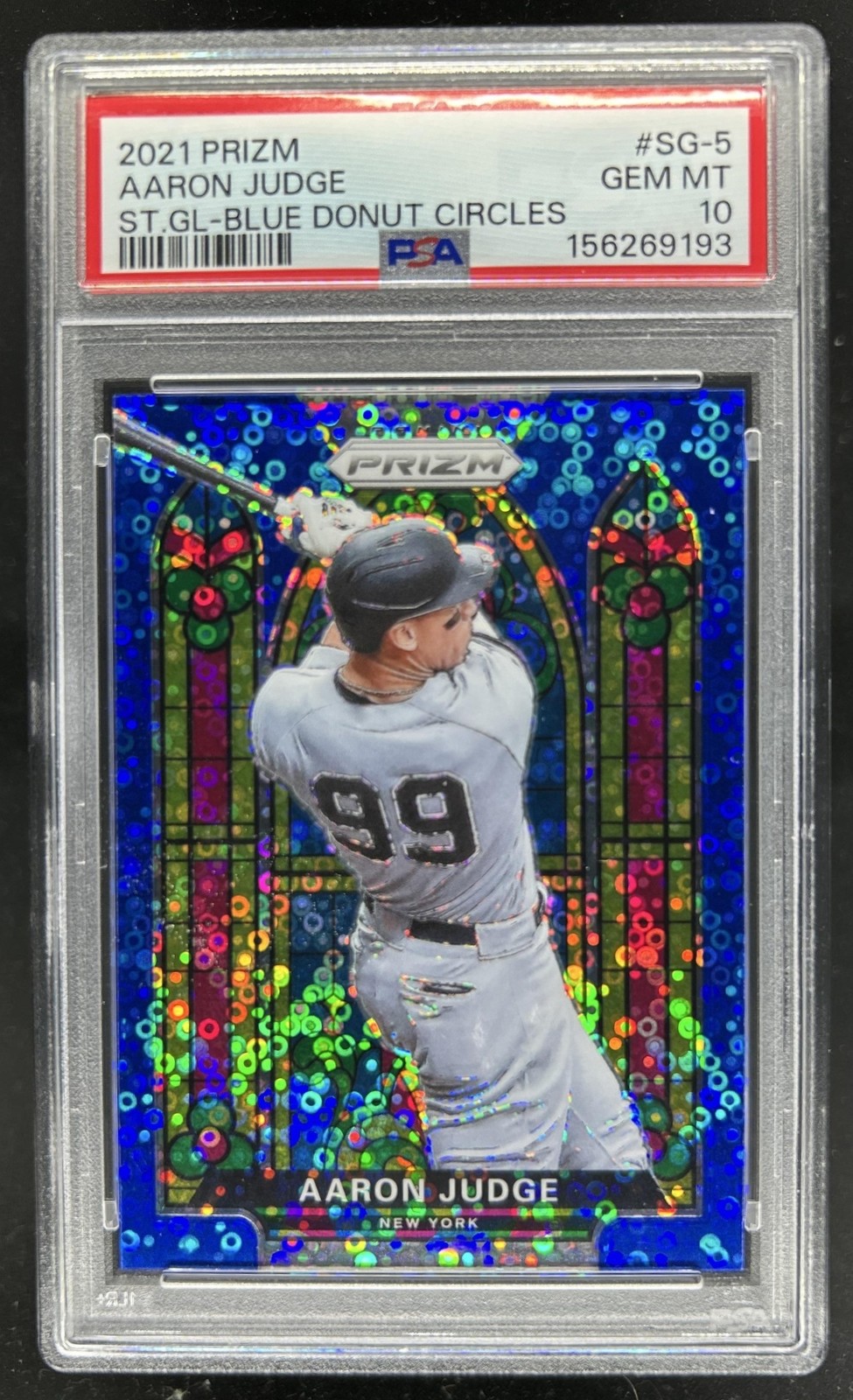 2021 Panini Prizm Aaron Judge Stained Glass Blue Donut Circles #/199 PSA 10